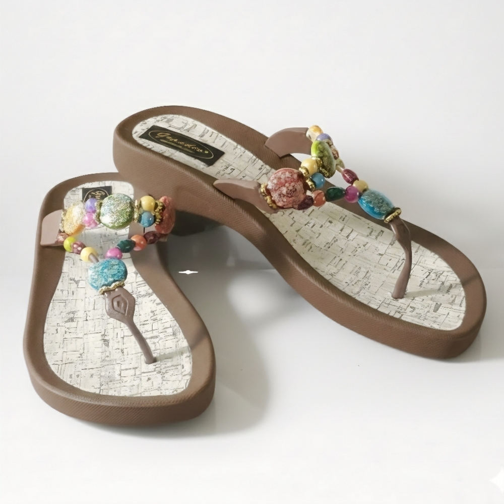 Grandco Size 7 NEW Sandals Rainbow Beaded Thong Flip Flop Brown Foam Cork